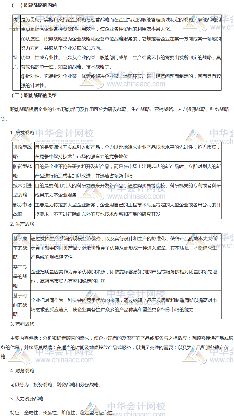 2019年高级会计实务知识点：职能战略的内涵与类型