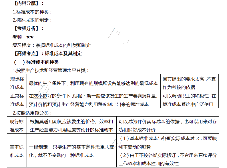 财管高频考点：尺度本钱及其拟定