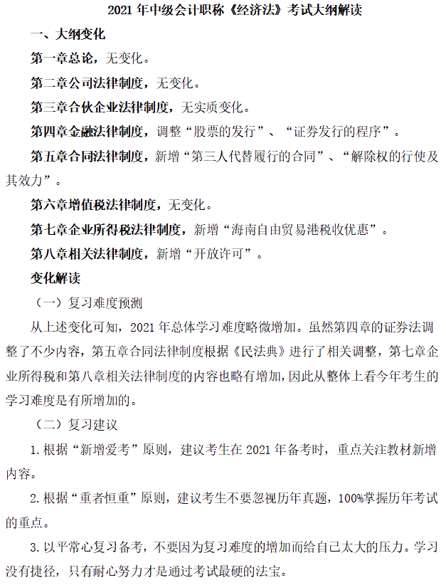 2021年中级管帐职称《经济法》测验纲要解读