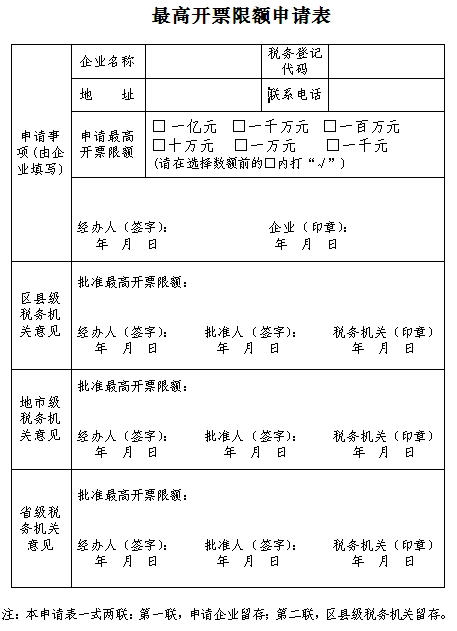 增值税的最高开票限额申请表