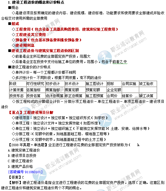 2014年中级经济师建筑专业知识：建设工程造价的概念和计价特点