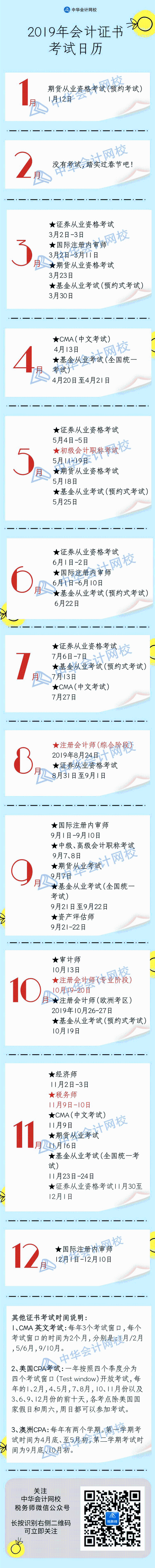 2019年财会人考试日历