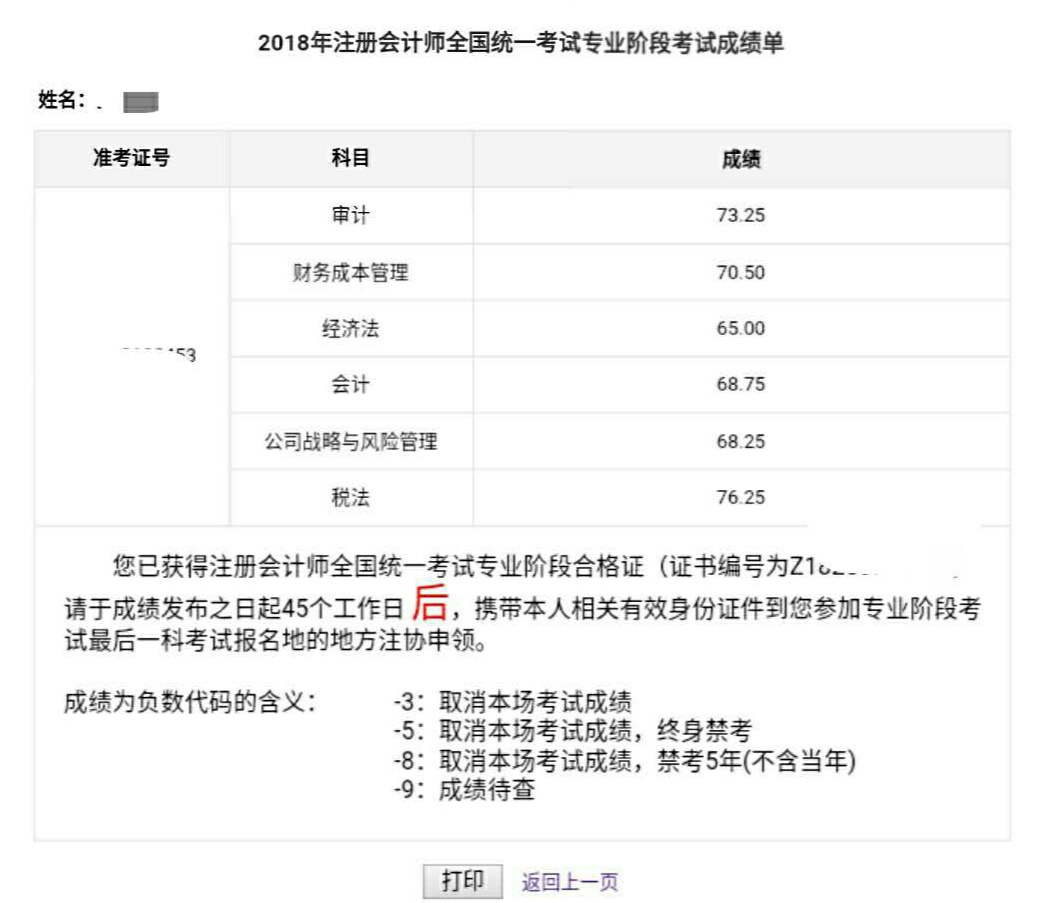 注册会计师考试成绩单