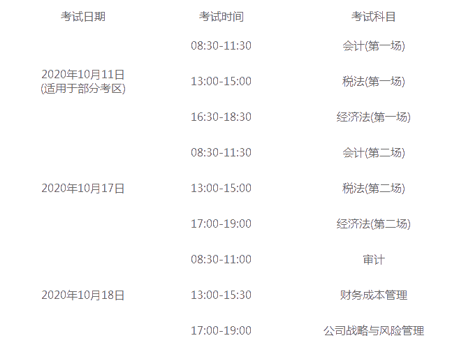 上海2020年注册会计师考试时间及科目安排