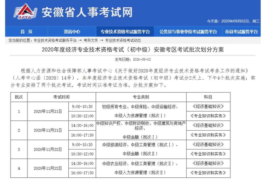 2020初中级经济师考试批次