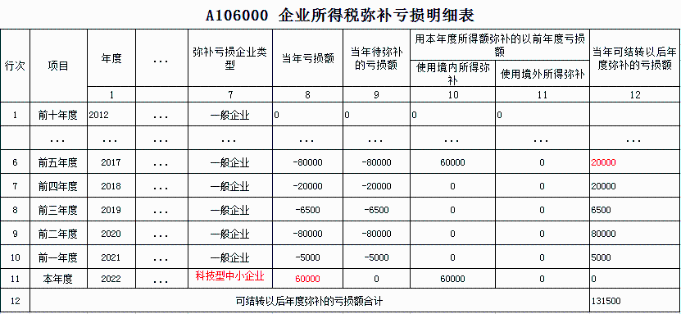 A106000弥补亏损表