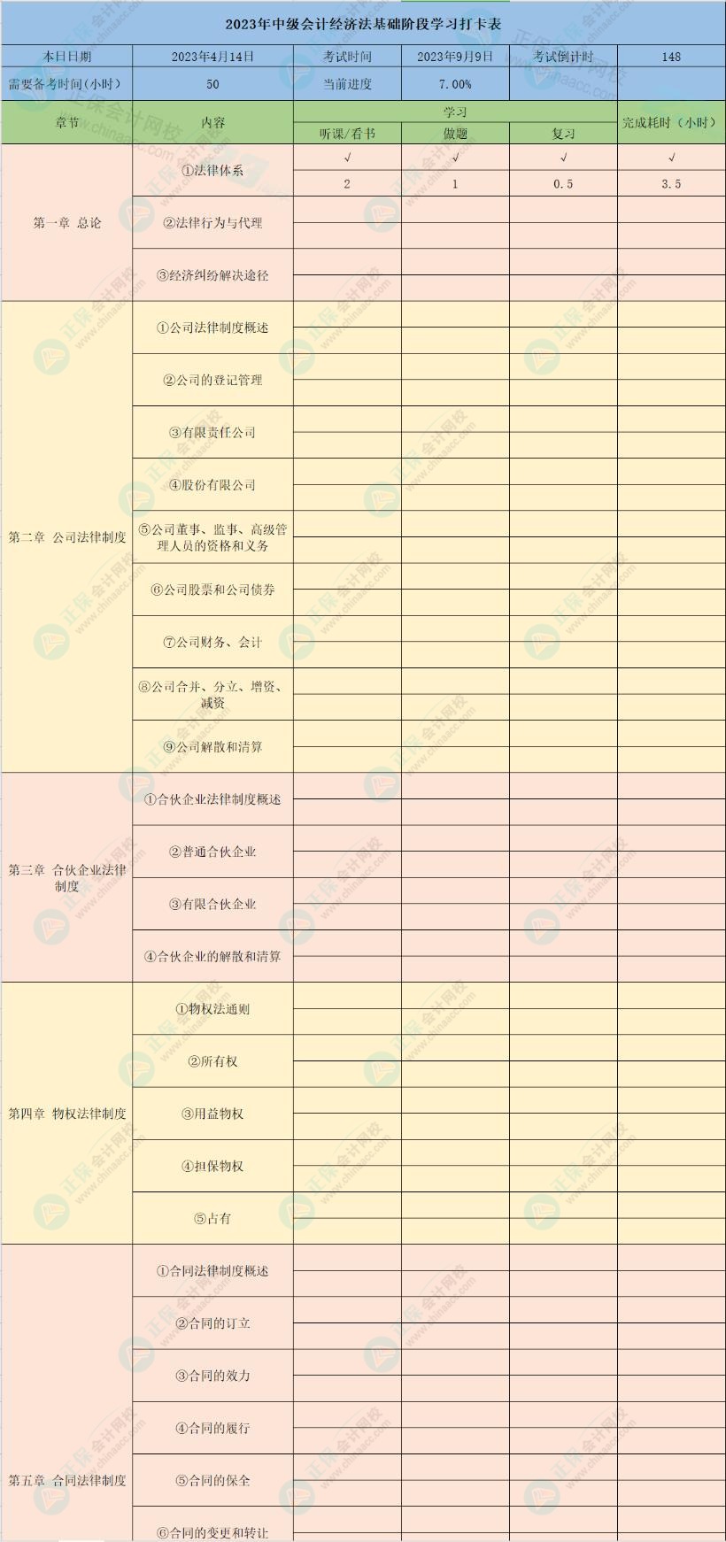 2023年中级会计经济法8章学习打卡表