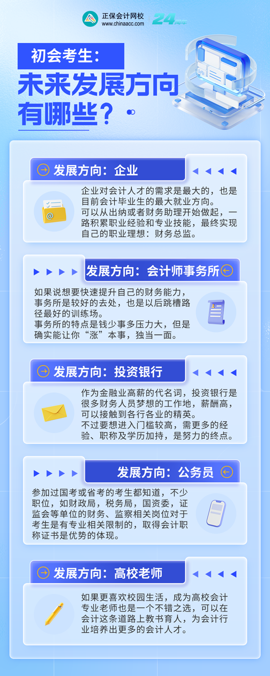 初级会计考生未来的发展方向有哪些？企业、事务所、银行... ...