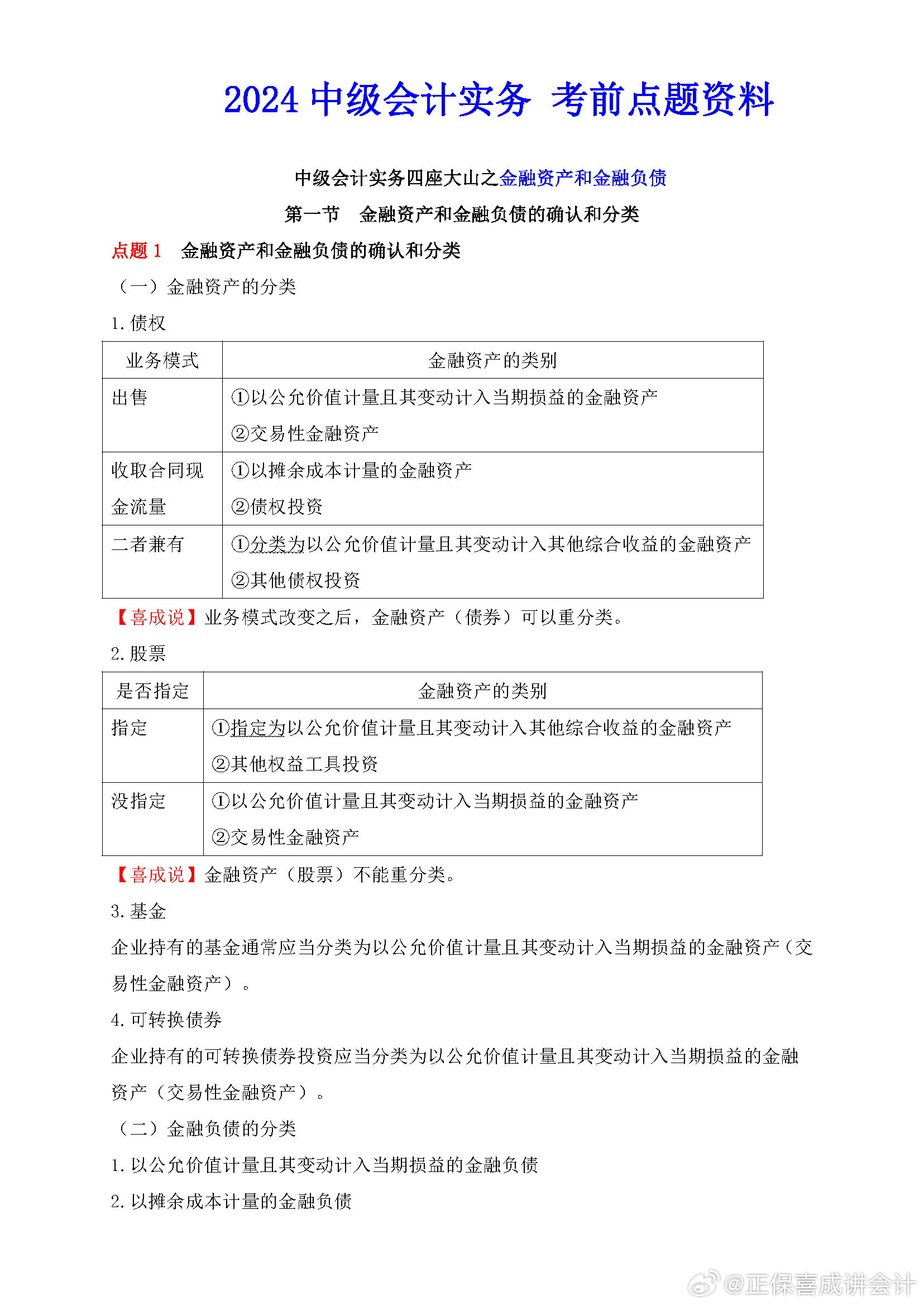 喜成2024年中级会计实务主观题预测 这些考点再看一遍！