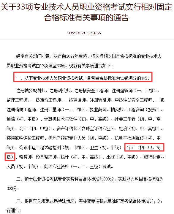 关于33项专业技术人员职业资格考试实行相对固定合格标准有关事项的通告