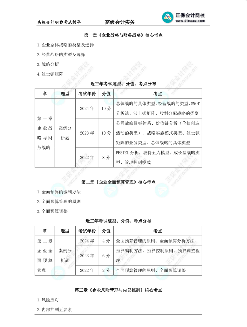 近3年高级会计师考试各章考点及分值分布分析