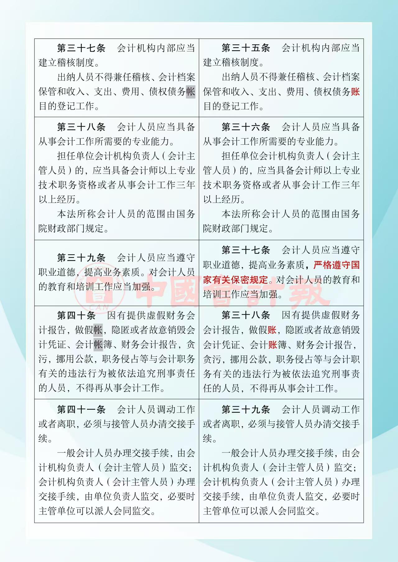 《中华人民共和国会计法》修改前后对照表11