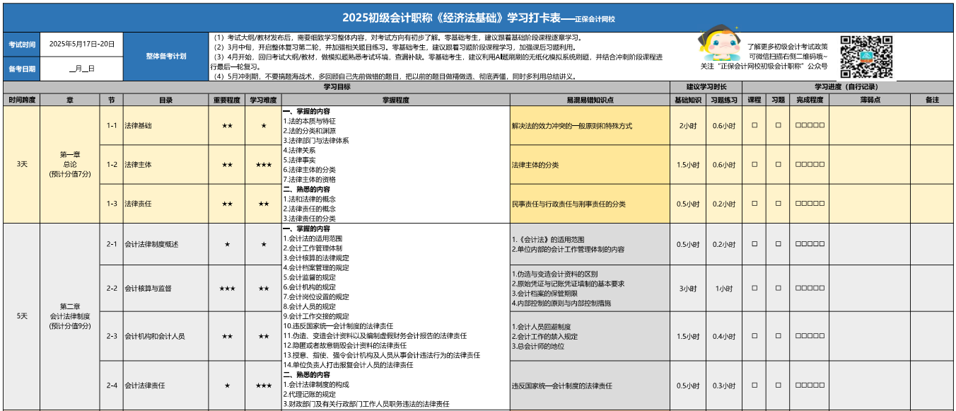 2025初级会计百天冲刺！《经济法基础》学习打卡表