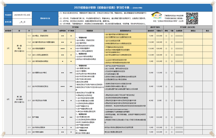 初级会计学习计划打卡表